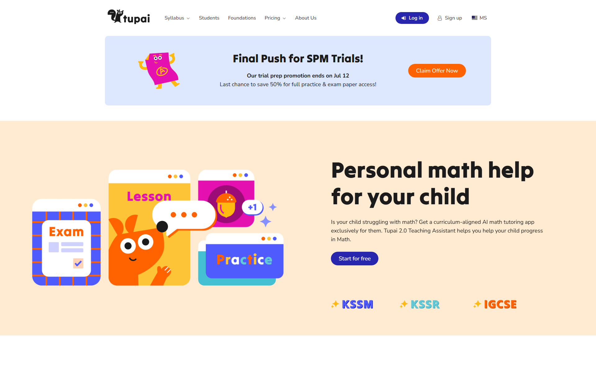 Tupai's homepage (tupai.ai): the squirrel mascot and a 'Personal math help for your child' hero, with an 'AI math tutoring app' subhead, a Start-for-free button, an SPM-trials promotion banner, and KSSM, KSSR and IGCSE syllabus badges.